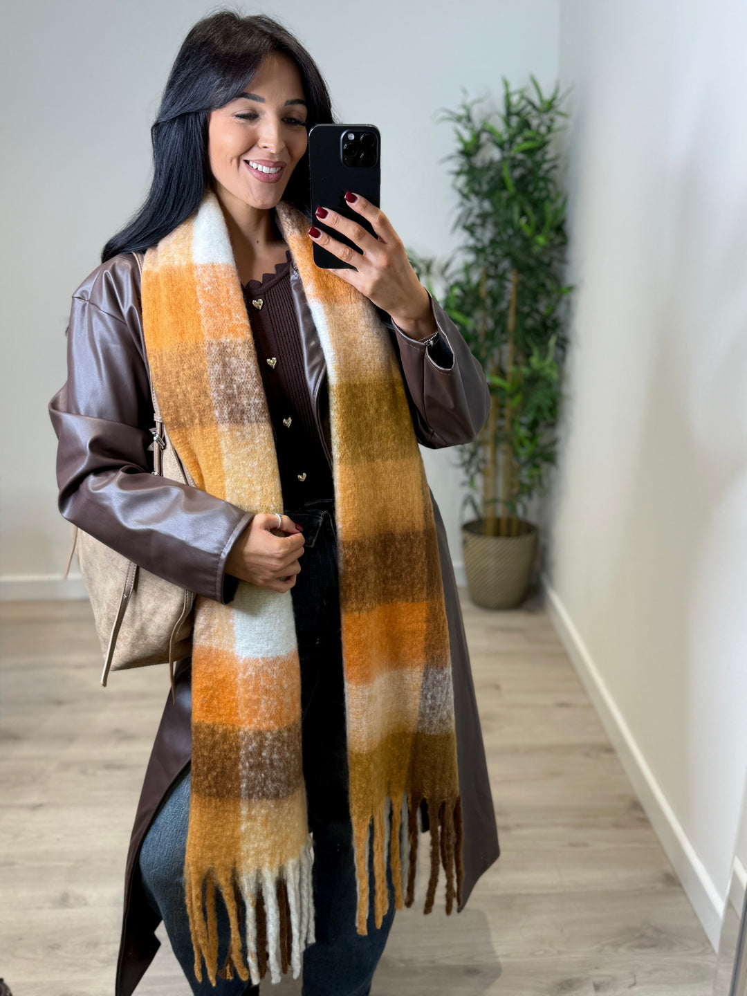 Pumpkin Checked Wool Scarf