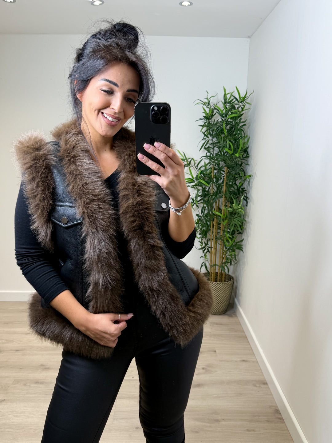 Faux Fur Trim PU Black Gilet