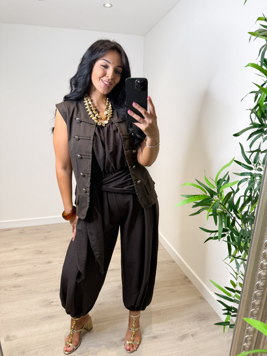 Military Denim Waistcoat - Chocolate