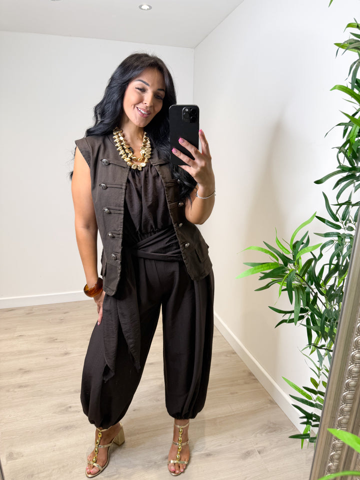 Military Denim Waistcoat - Chocolate