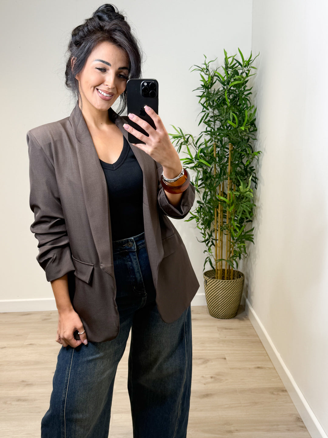 Gathered Sleeve Blazer - Chocolate