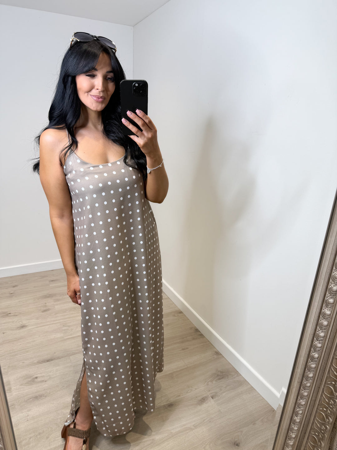 Polka Dot Side Split Dress - Mocha