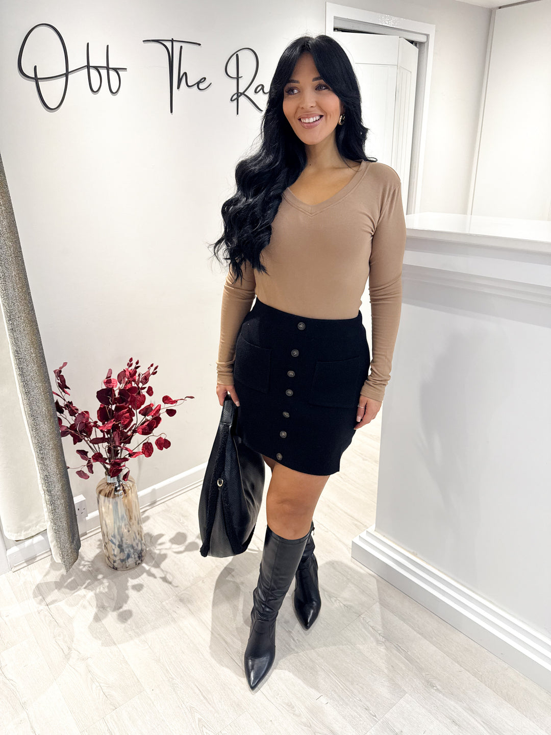Basic Long Sleeve V Neck Top - Camel