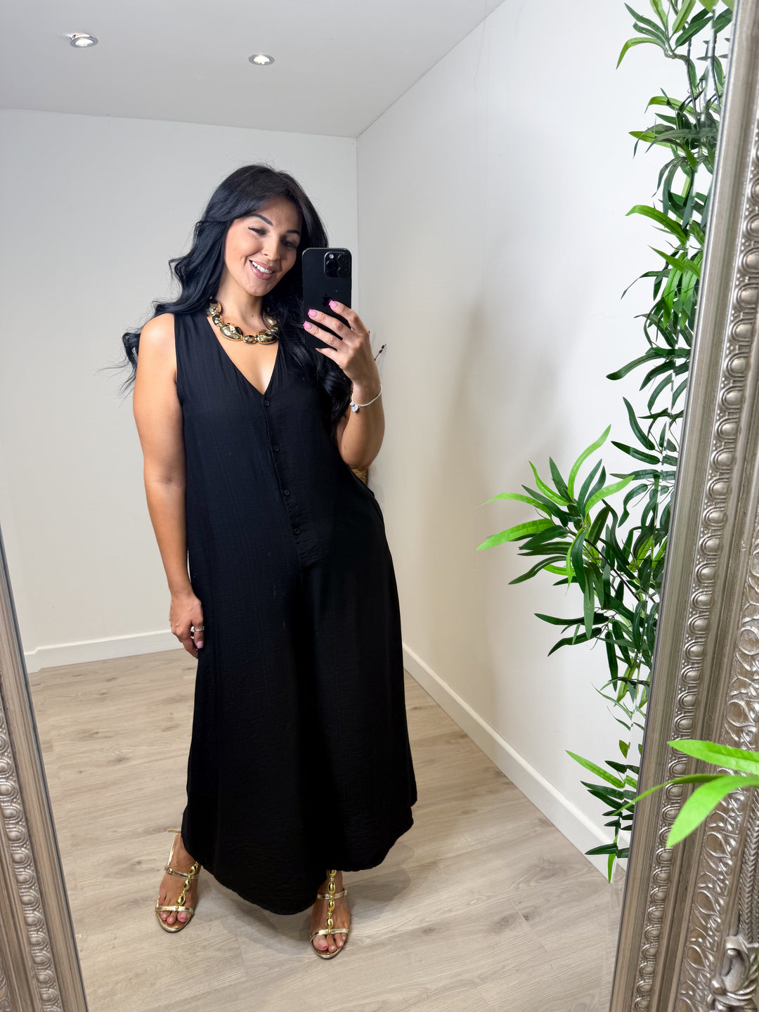 Wide Leg Button Jumpsuit - Black