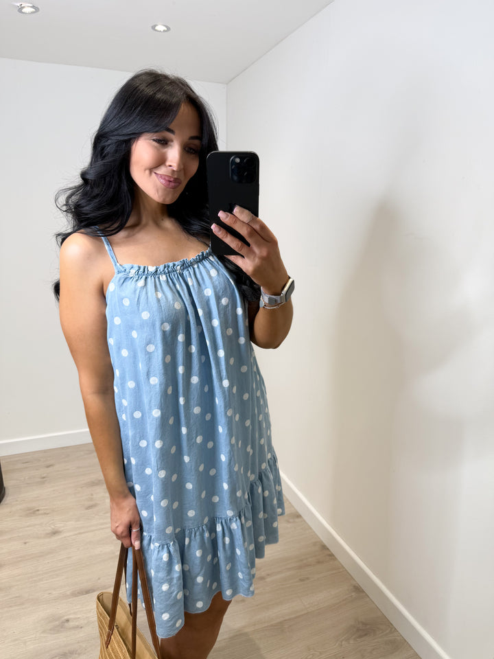 Polka Dot Sun Dress - Light Denim