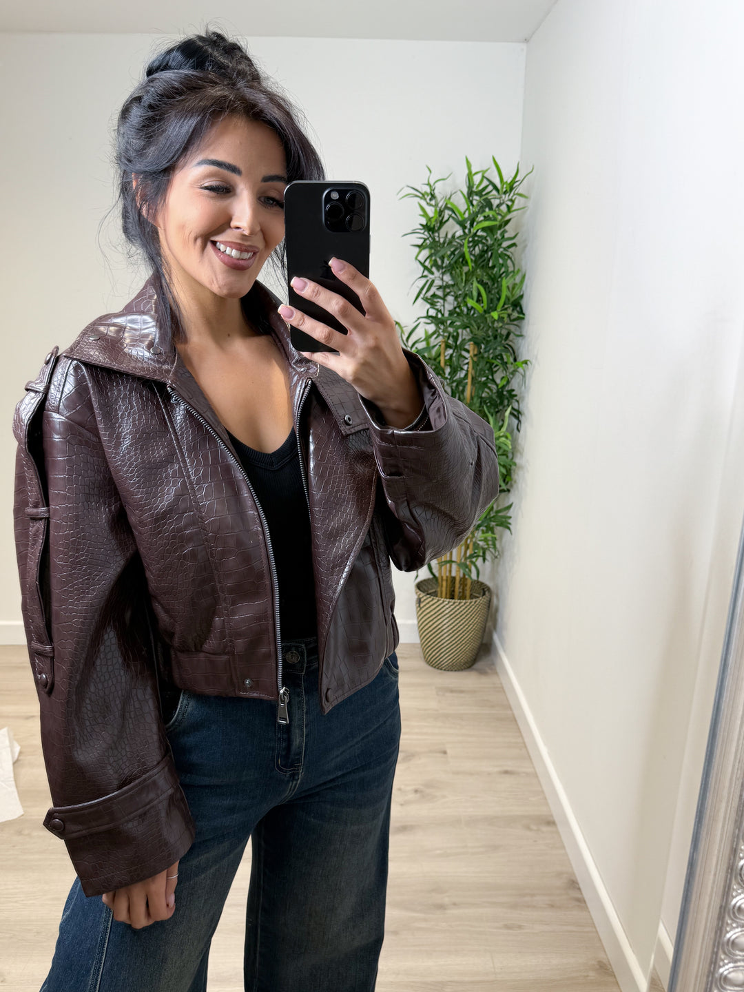 PU Snake Print Jacket - Chocolate