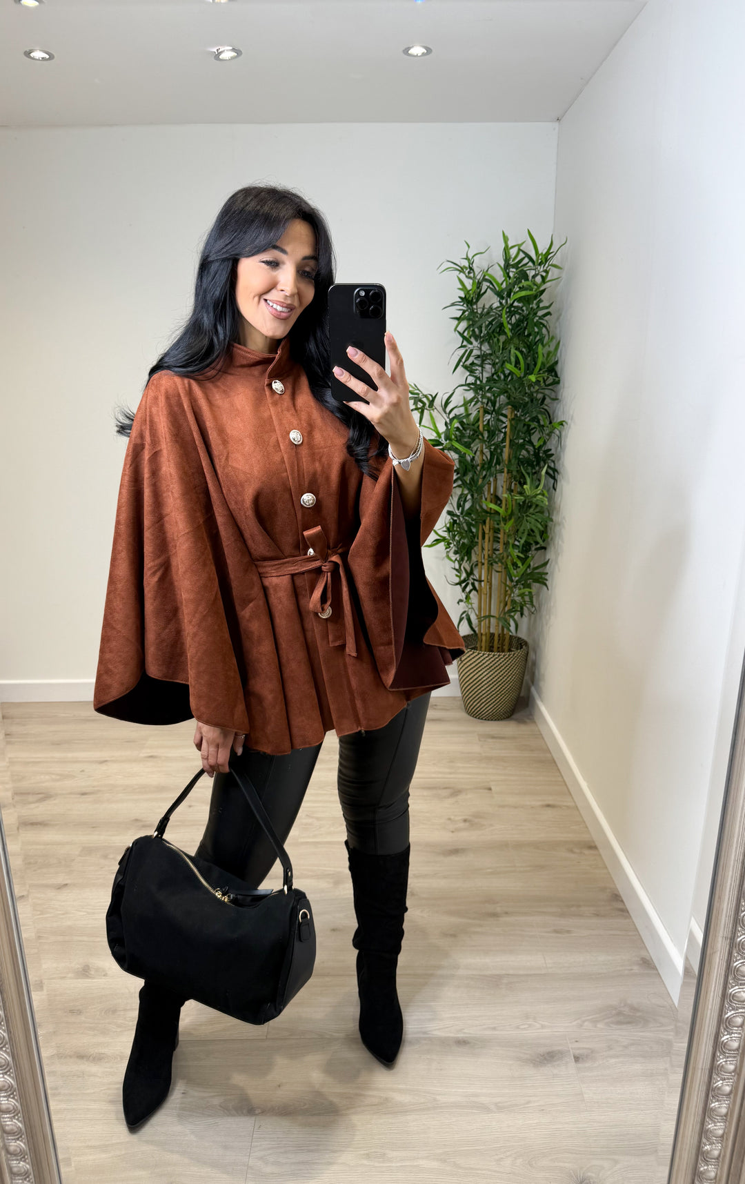 Faux Suede Button Cape - Rust