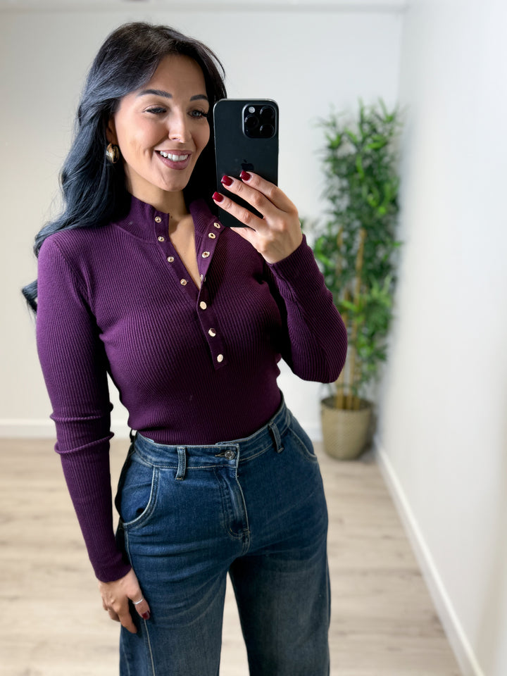 Selene Soft Knit Button Top - Plum