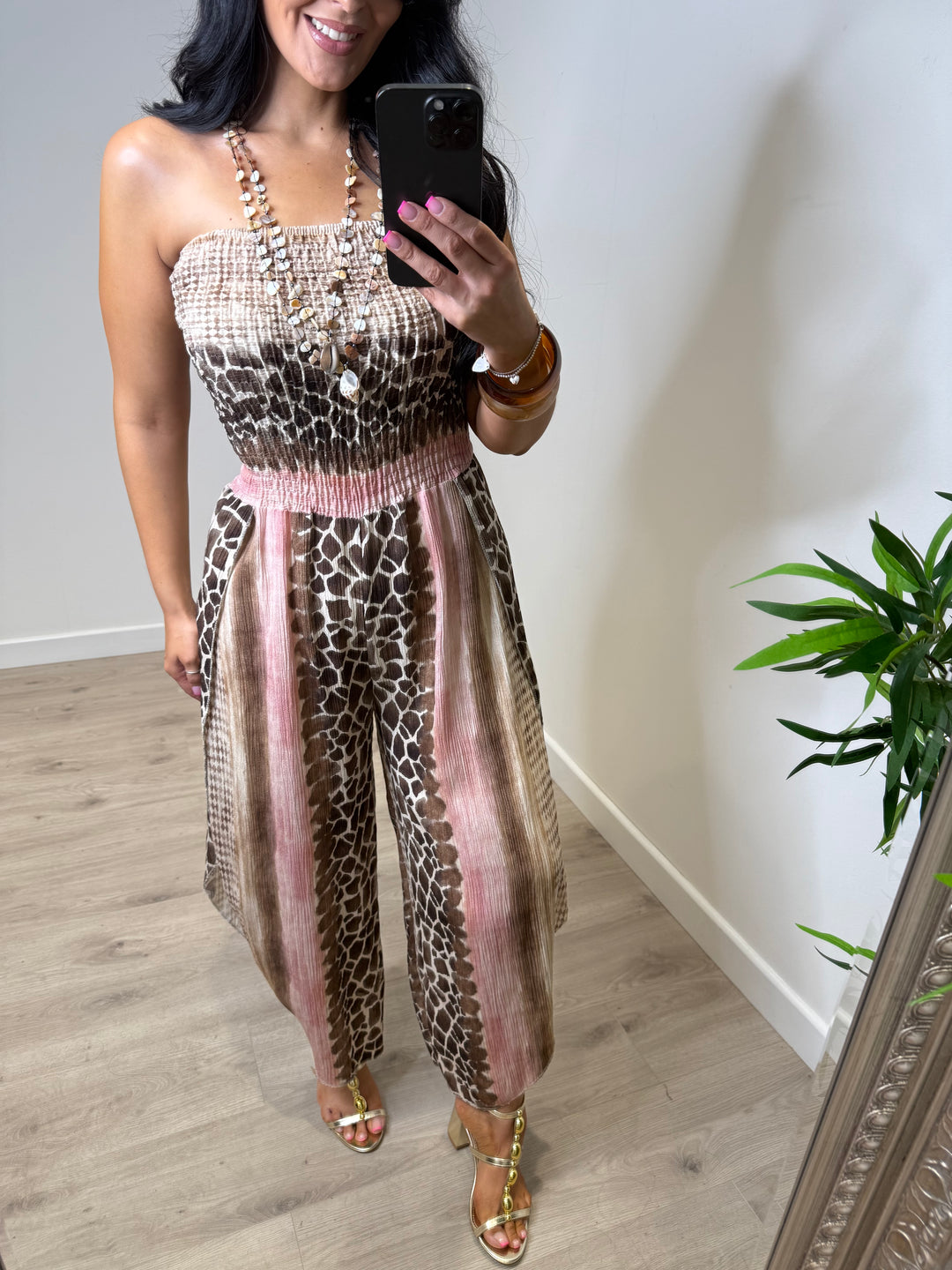 Animal Print Bardot Jumpsuit - Pink