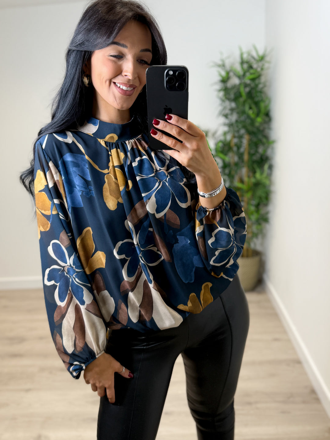Autumn Flower Bubble Hem Top - Navy