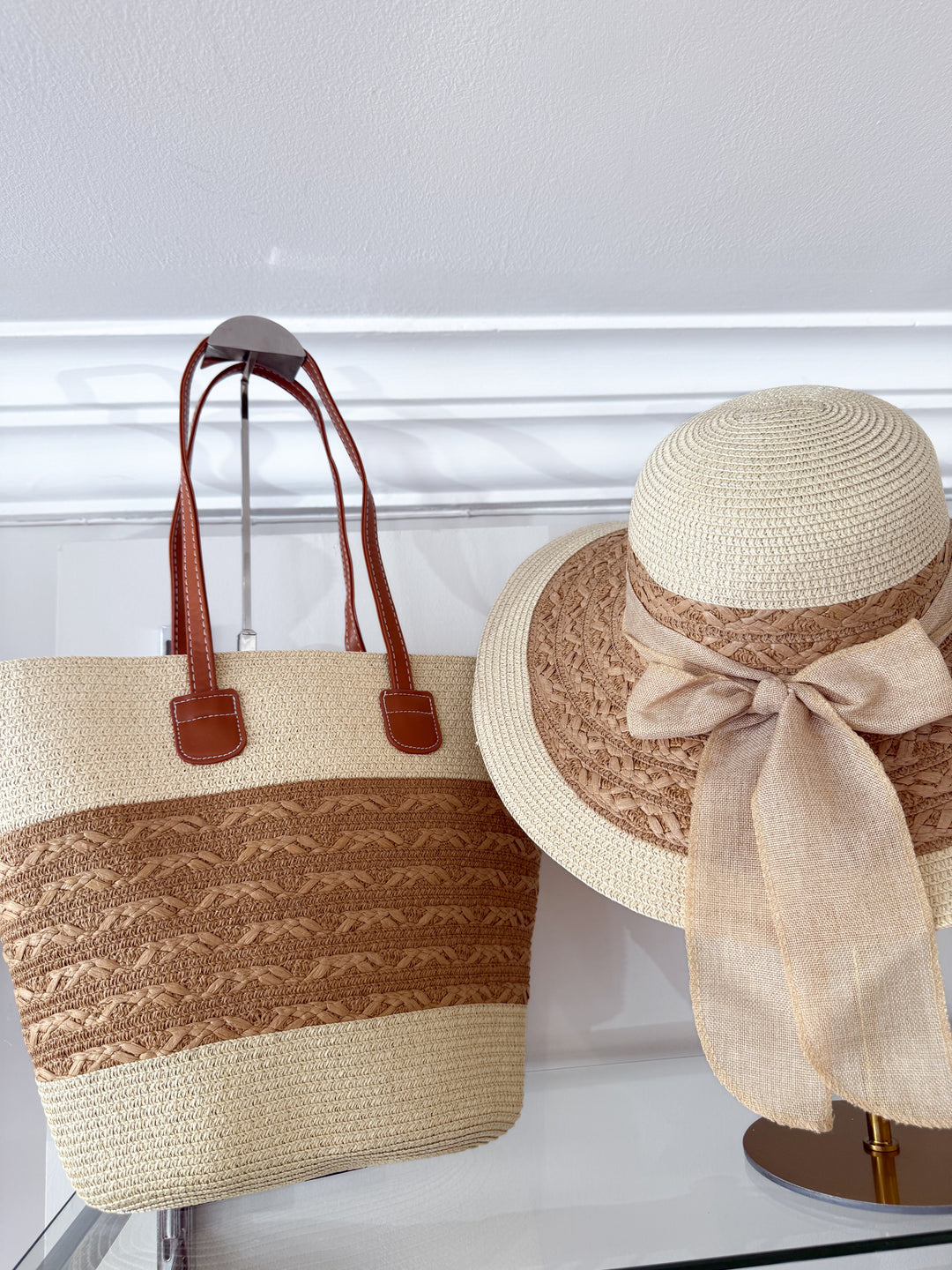 Bow Beach Bag And Hat - Light Beige
