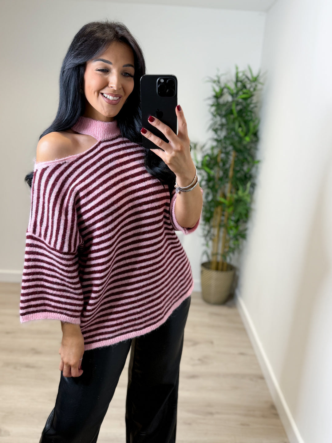 Slash Stripe Neck Top - Pink/Berry