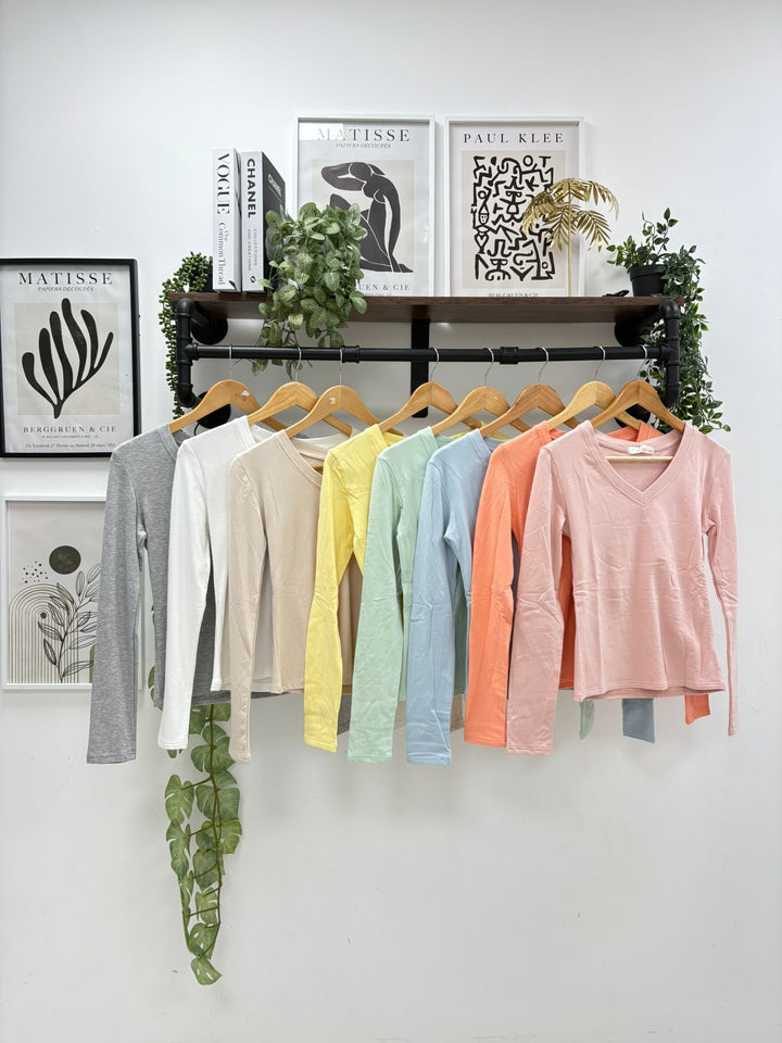 Basic Long Sleeve V Neck Top - Pink