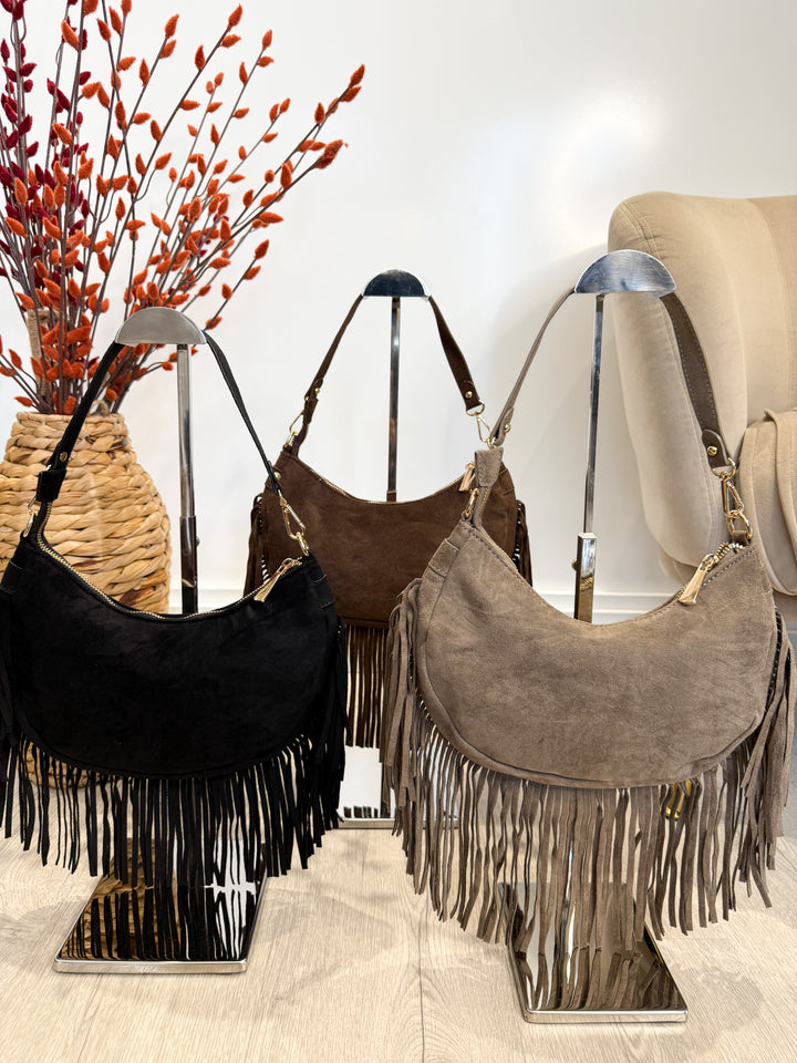 Faux Suede Tassel Bag - Black