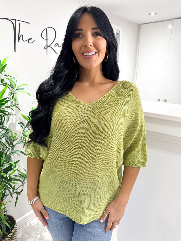 Gold Button Back Top - Lime