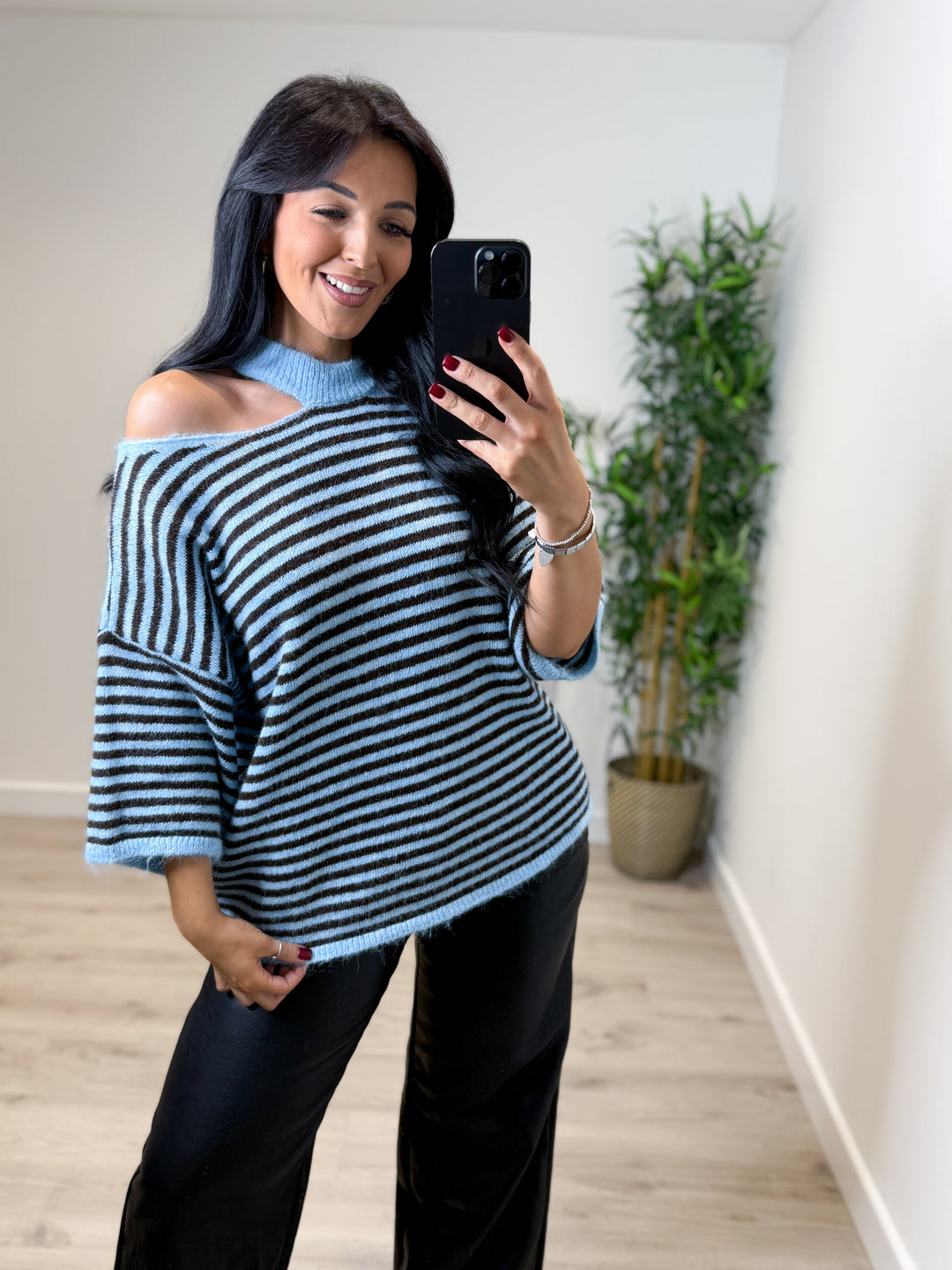 Slash Stripe Neck Top - Blue/Chocolate