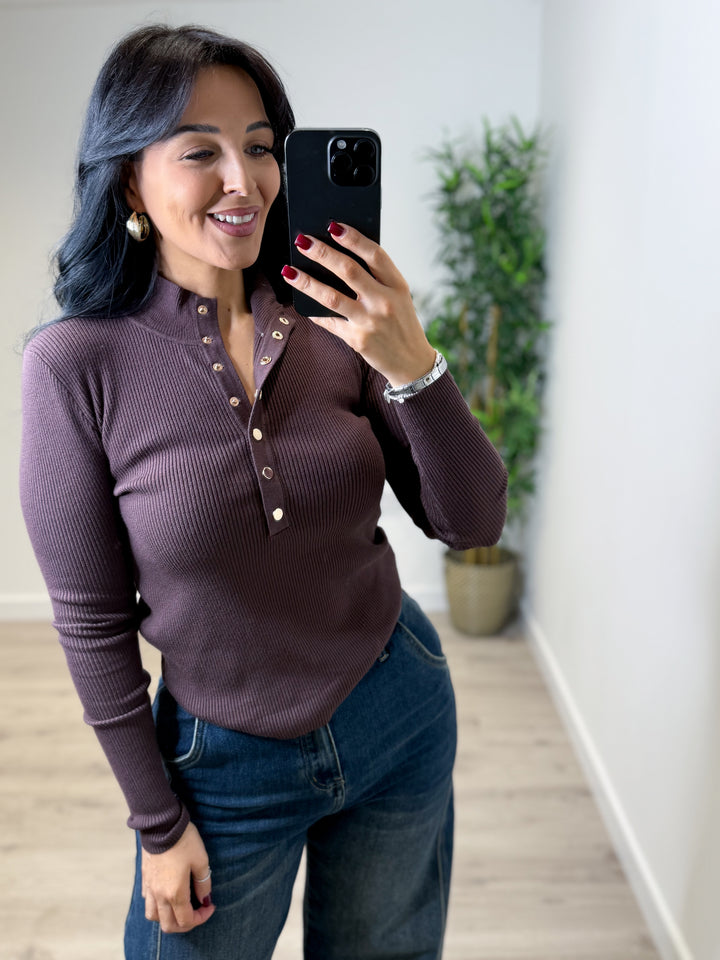 Selene Soft Knit Button Top - Chocolate