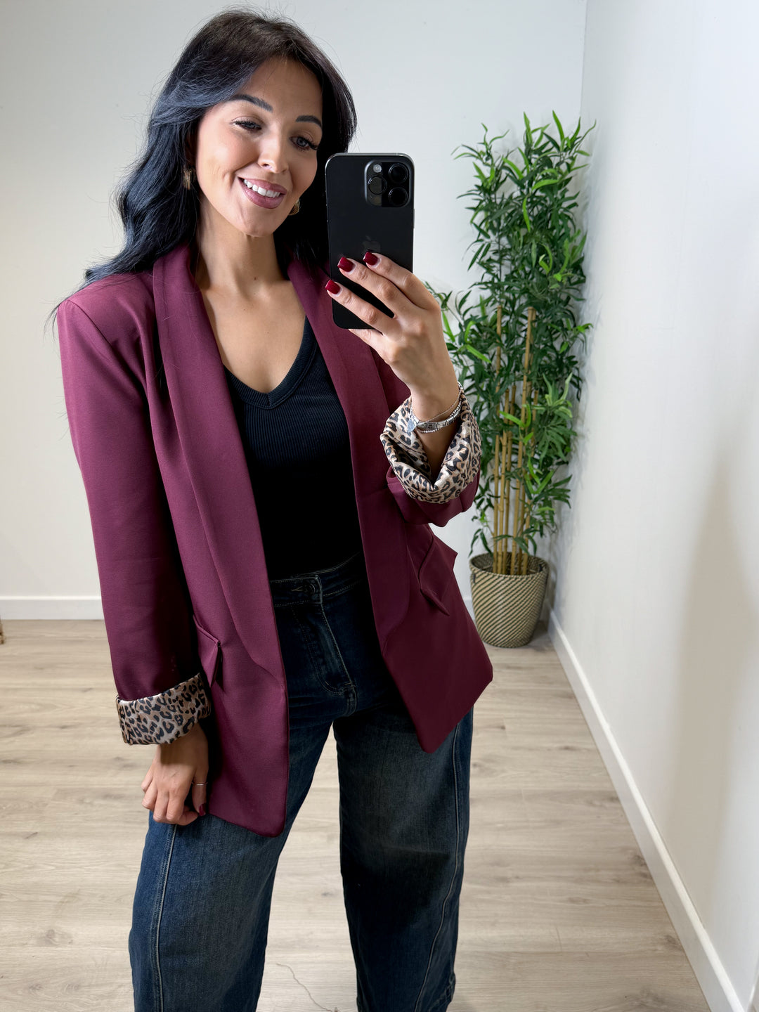 Leopard Lined Blazer - Wine