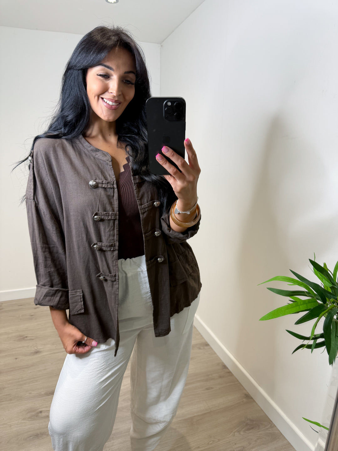 Linen Blend Military Jacket - Chocolate