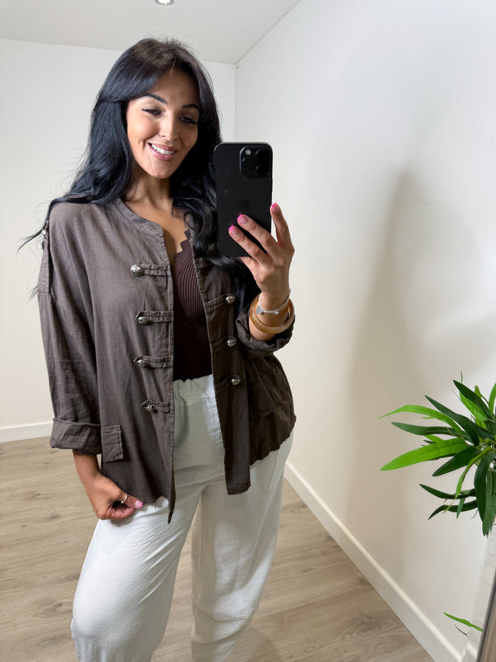 Linen Blend Military Jacket - Chocolate