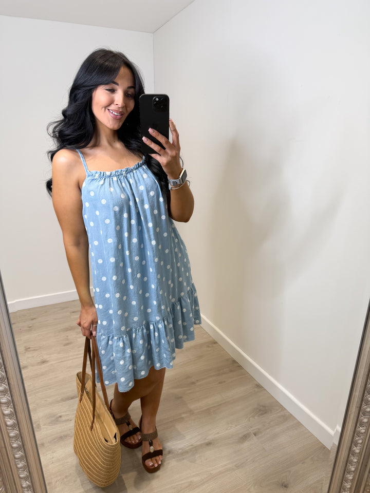 Polka Dot Sun Dress - Light Denim