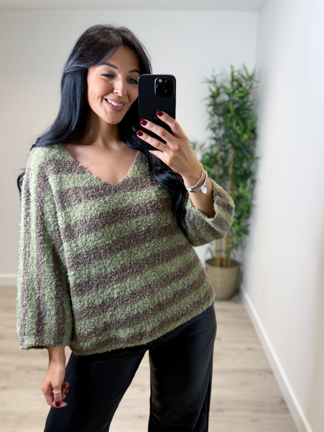 Teddy Stripe Jumper -  Green/Mocha