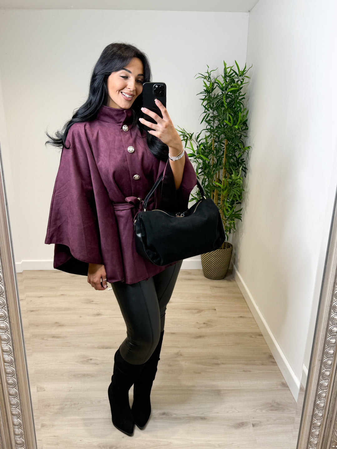 Faux Suede Button Cape - Wine