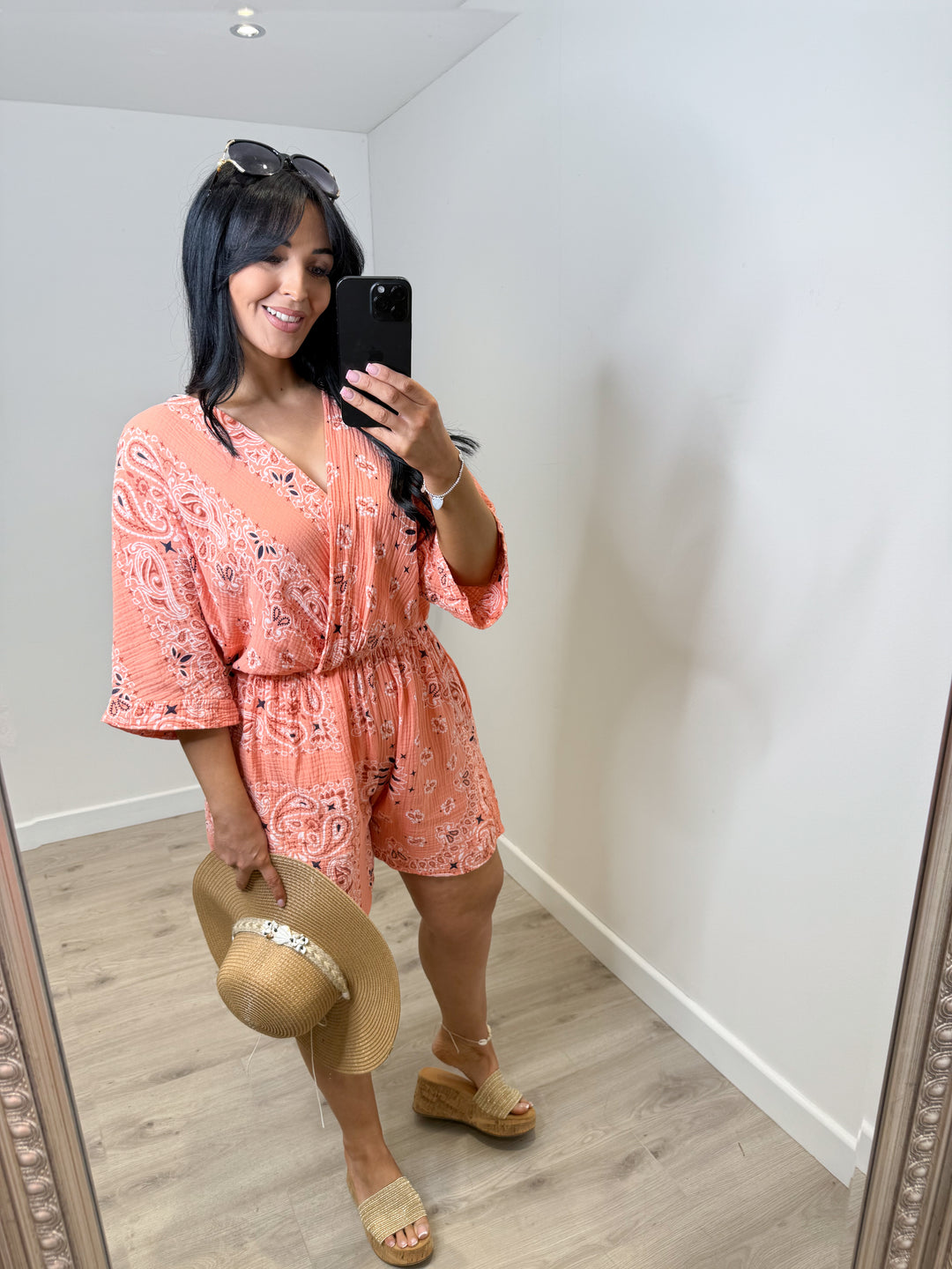 Bandanna Print Playsuit - Coral