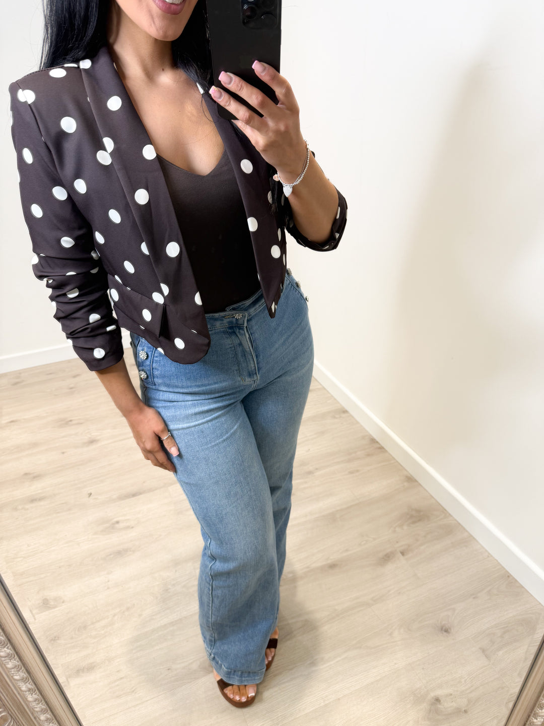 Polka Dot Cropped Blazer - Chocolate