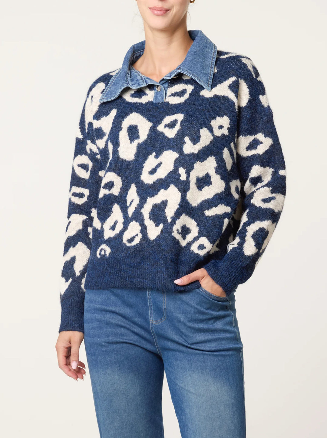 Leopard Denim Trim Top - Navy