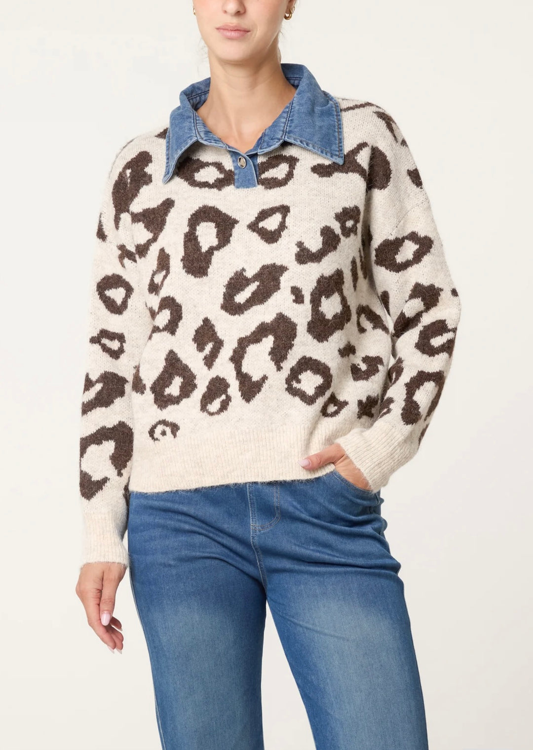 Leopard Denim Trim Top - Chocolate