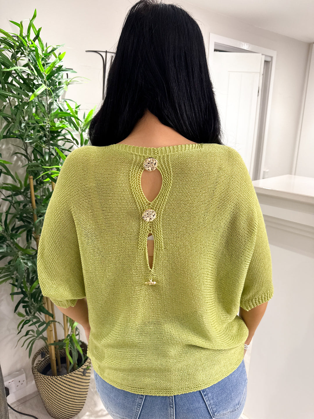 Gold Button Back Top - Lime