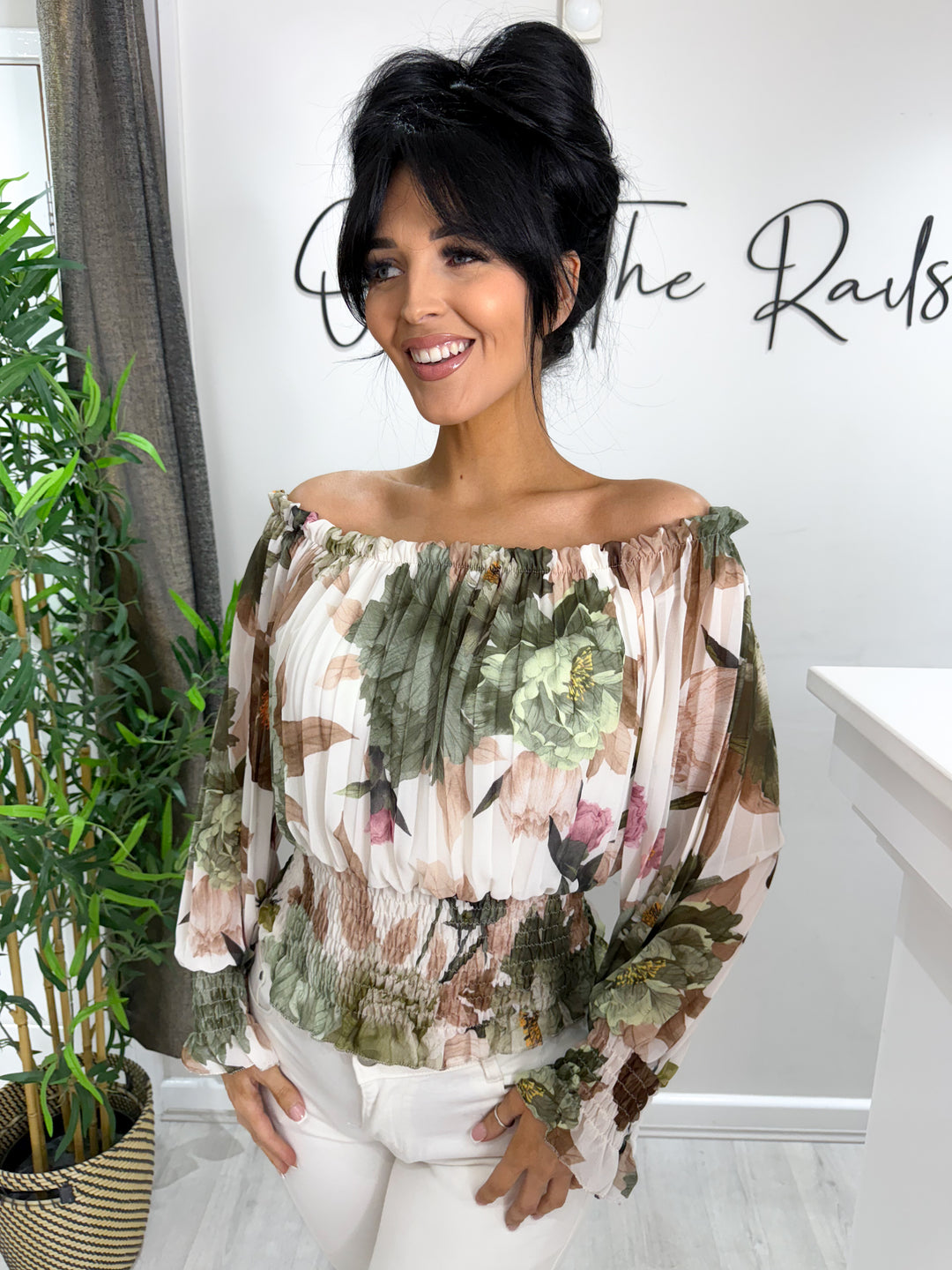 Floral Bardot Top - Khaki Green