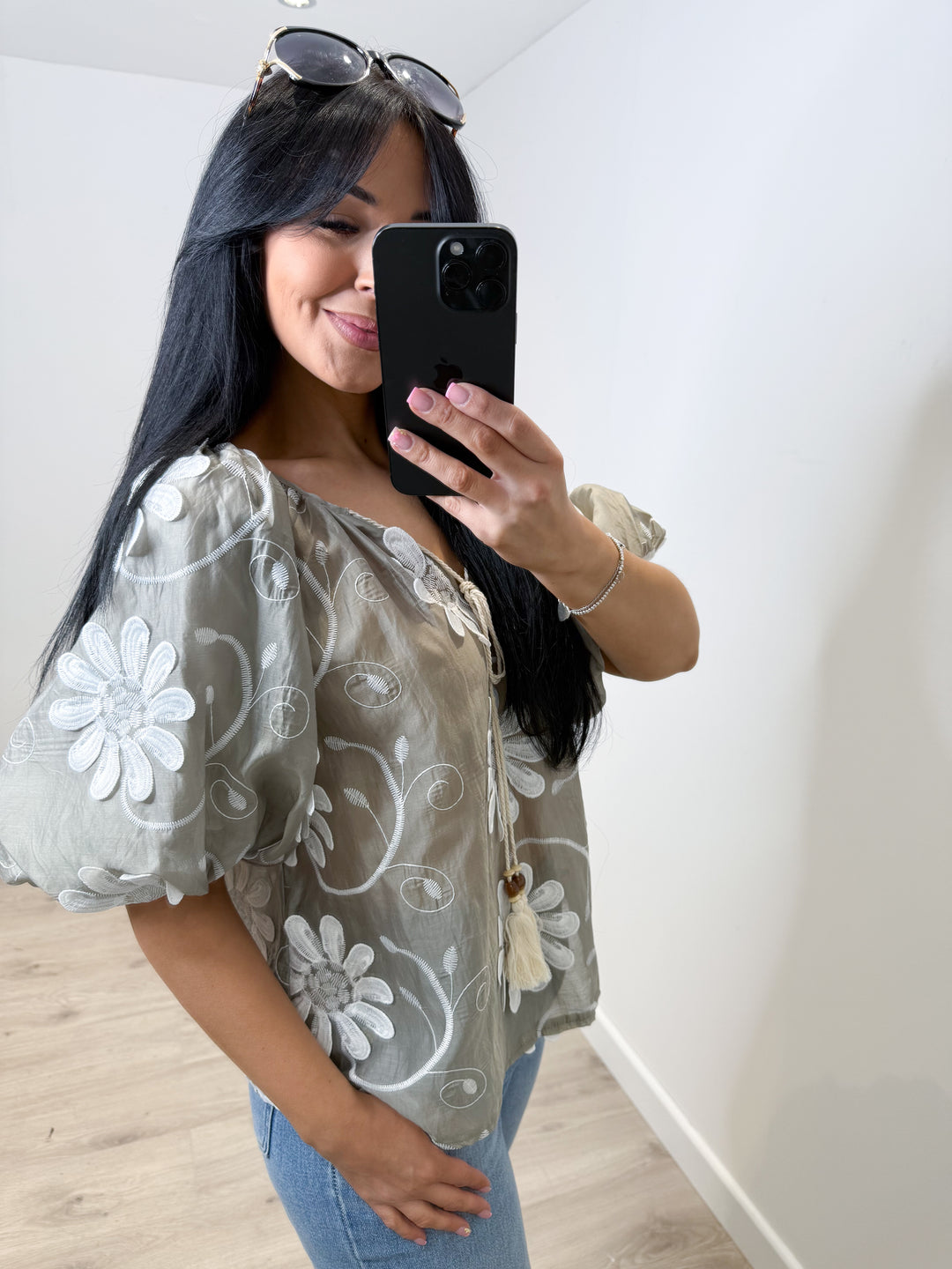 Embroidery Flower Top - Khaki Green