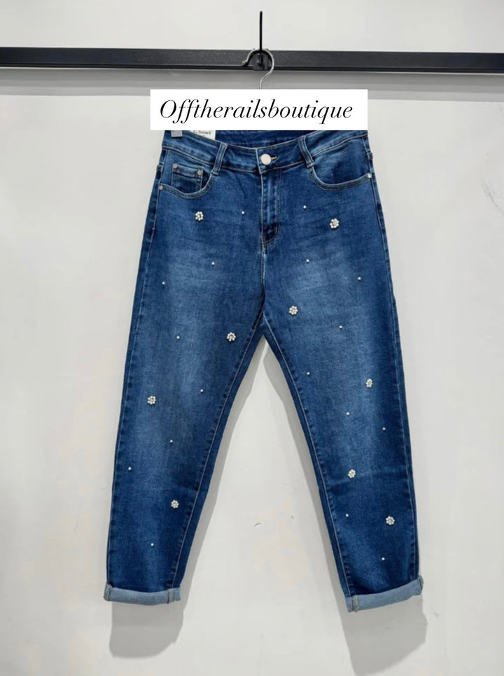 G Smack Dark Wash Pearl Detail Mom Jeans
