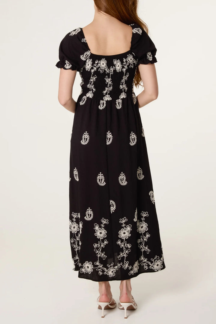 Floral Embroidery Dress - Black