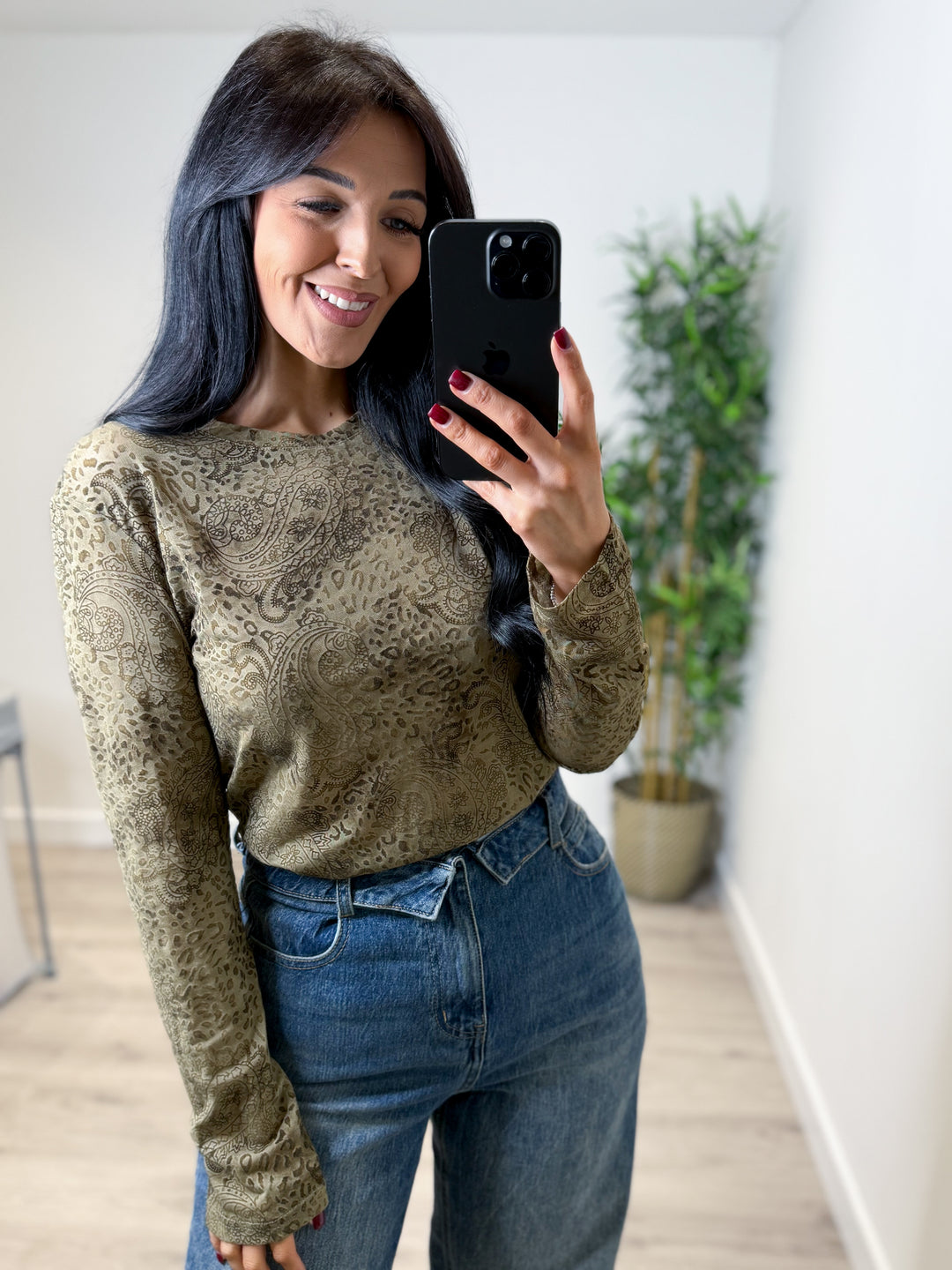 Paisley Leopard Top - Khaki Green