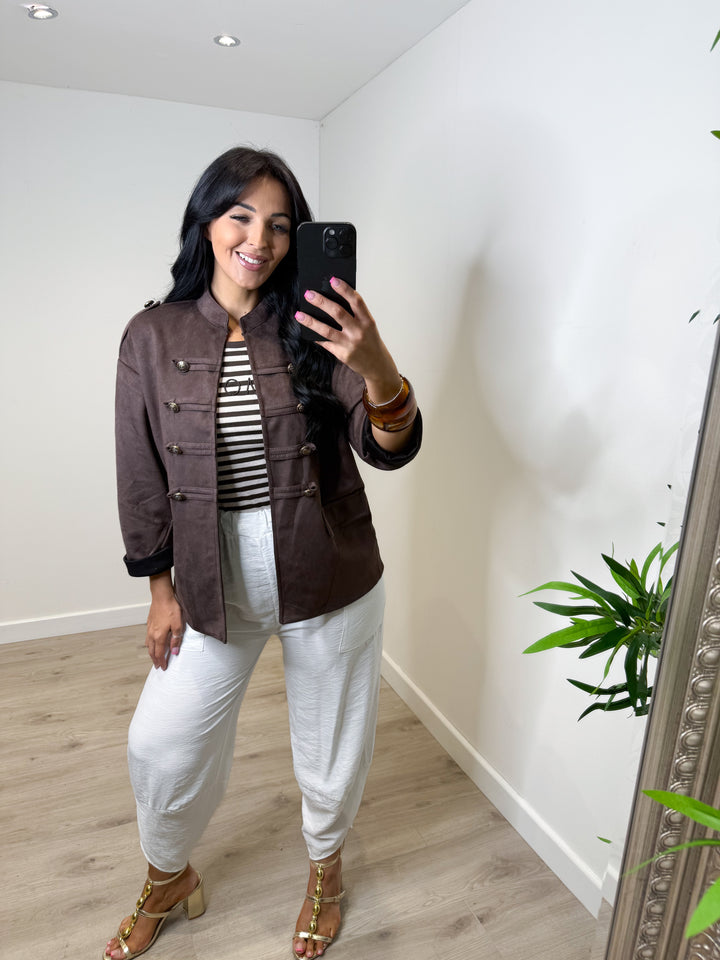 Faux Suede Military Jacket - Chocolate