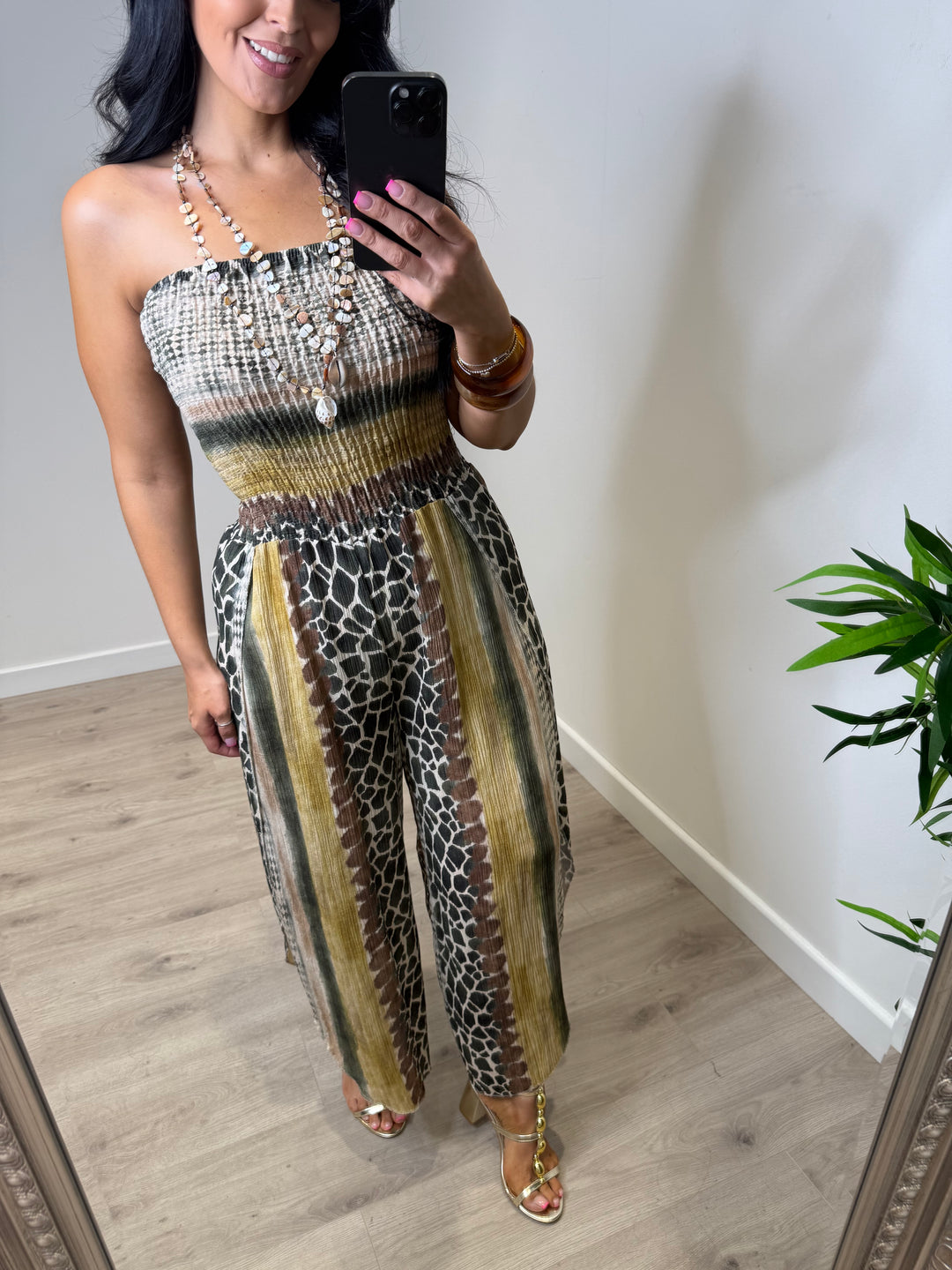 Animal Print Bardot Jumpsuit - Khaki Green