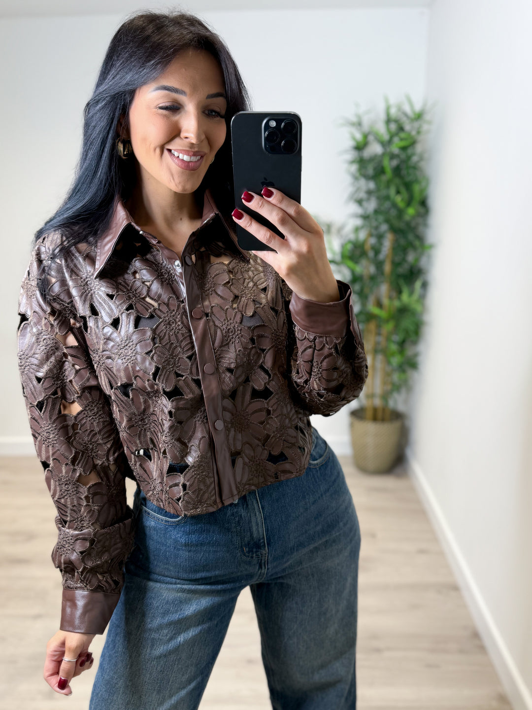 Flower PU Top - Chocolate