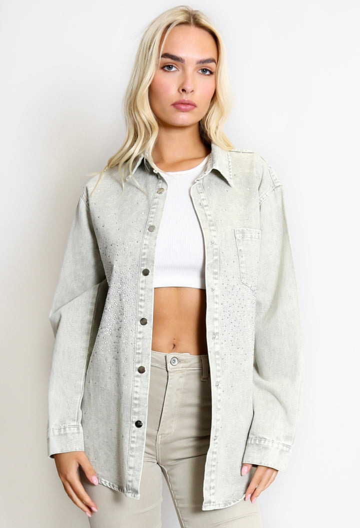 Diamanté Denim Jacket - Grey