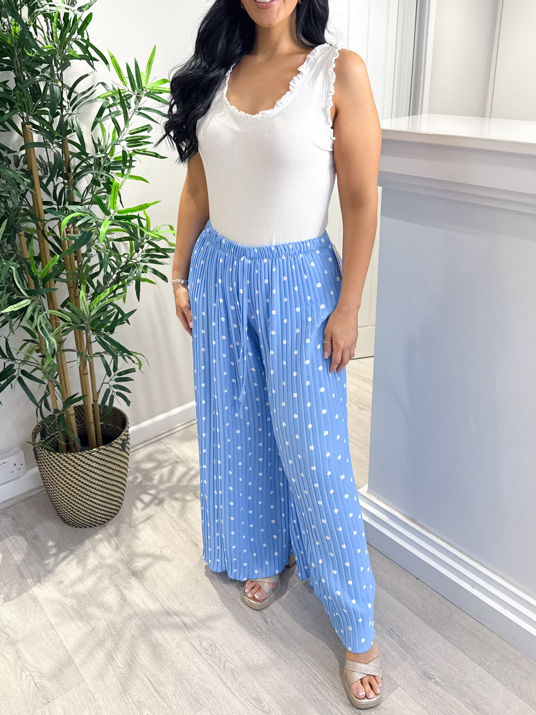 Pleated Polka Dot Trousers - Blue