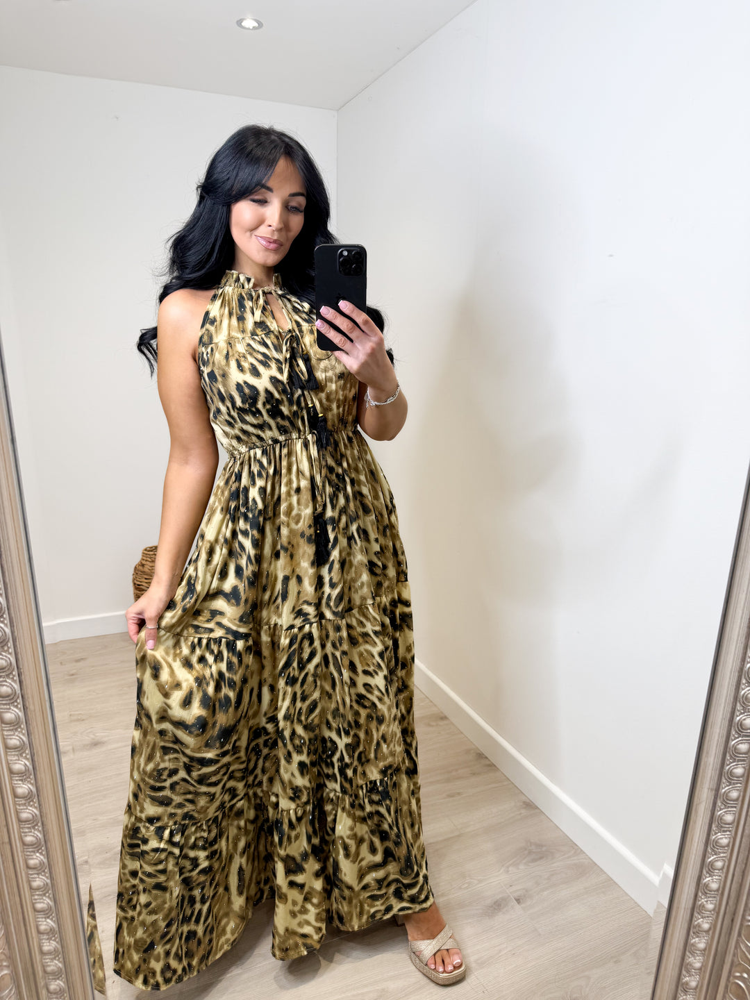 wrap halter dress Allie Beige & Black Animal Printed Halter Neck Midi Dress – Get That Trend main image 0