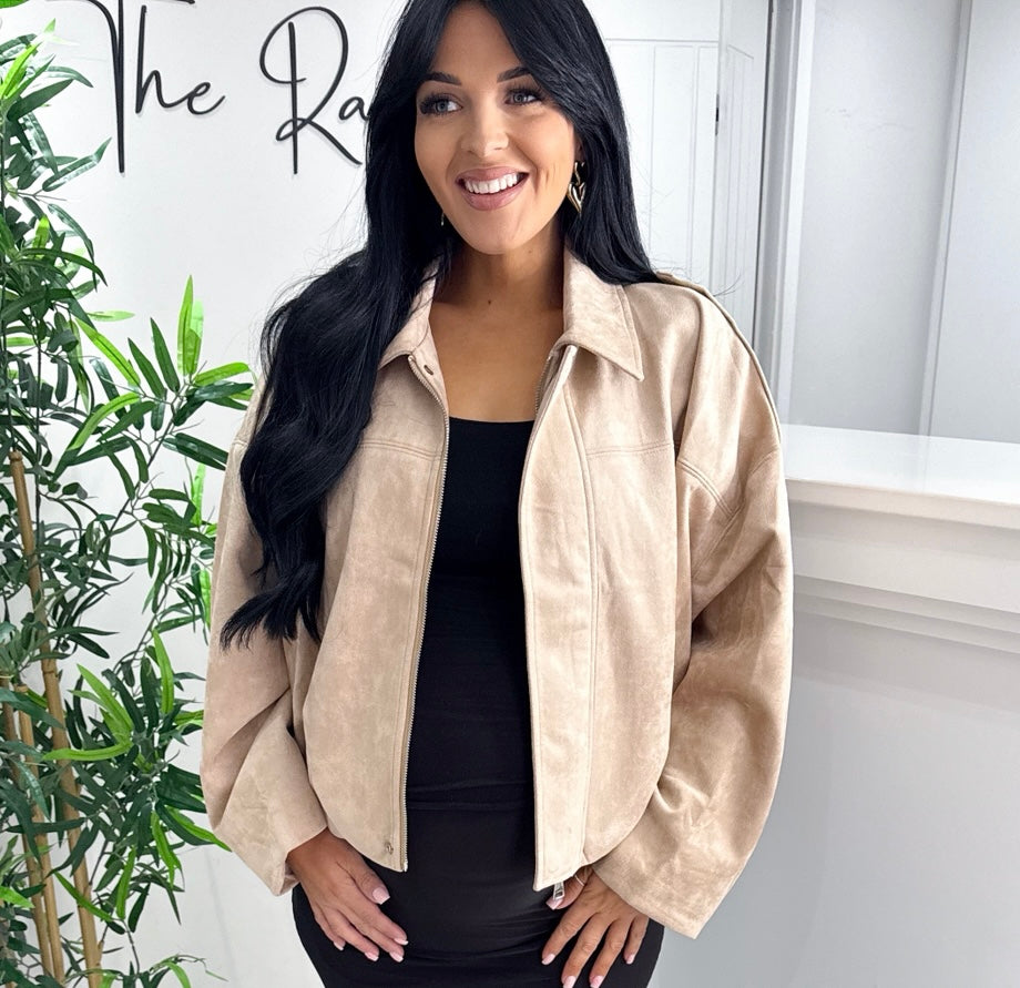 Faux Suede Bomber Jacket - Beige