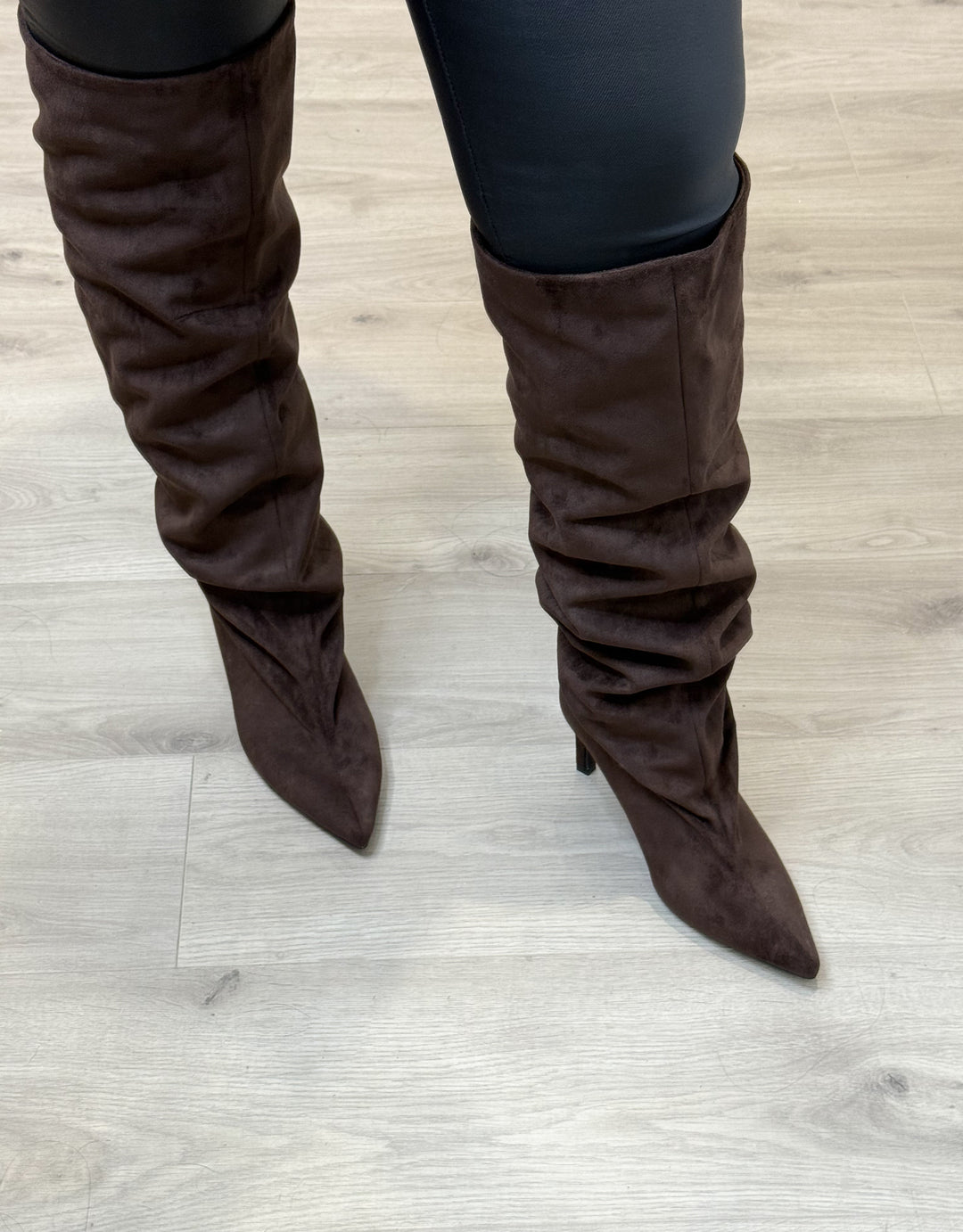 Chocolate Faux Suede Gathered Boots