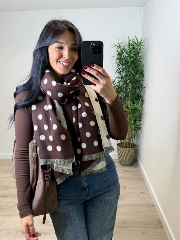 Polka Dot Reversible Scarf - Chocolate/Beige