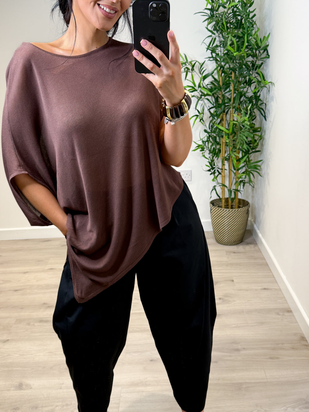 Fine Knit Asymmetrical Top - Chocolate
