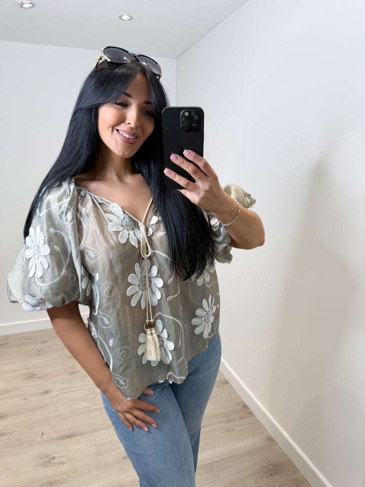 Embroidery Flower Top - Khaki Green