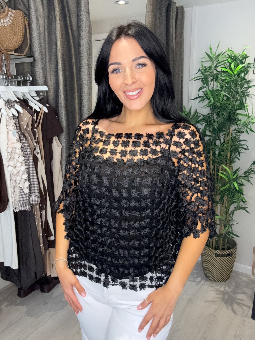 Daisy Metallic Top With Vest - Black