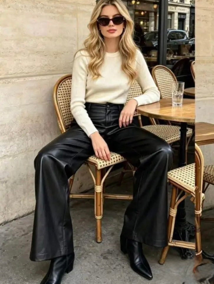 PU Wide Leg Trousers - Black